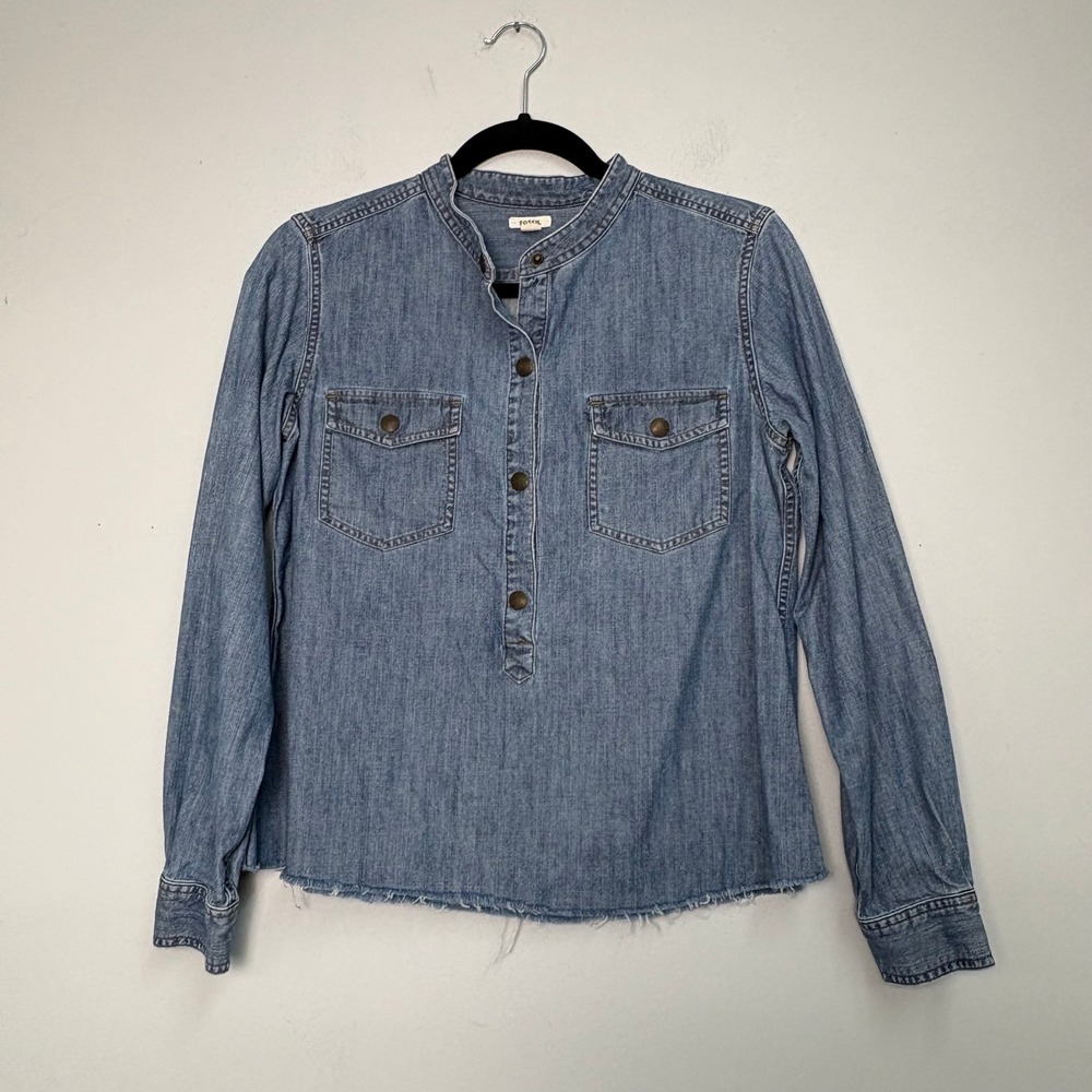 Fossil Womens Denim Chambray Band Collar Pullover Shirt Blue Medium Raw Hem M
